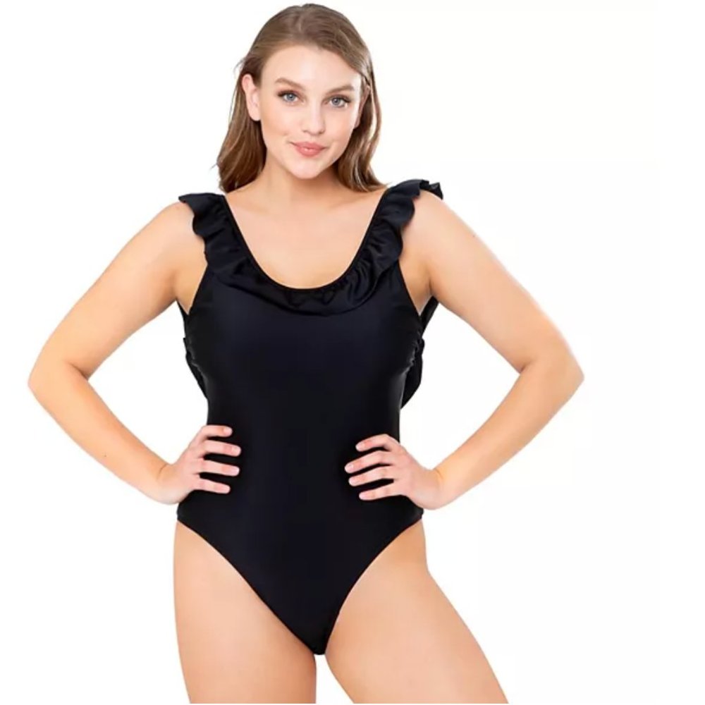 Sugar Coast Women's Ruffle One-Piece Swimsuit in Black NWT